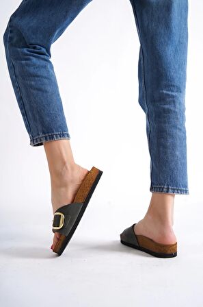 Grazia Kadın Kalın Tek Toka Haki Terlik