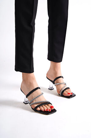 Stella Kadın Örgü,Taşlı Bantlı Şeffaf Topuk Siyah Terlik