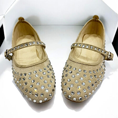 Marry Kadın Baretli Krem Şeffaf Taşlı Babet Ayakkabı