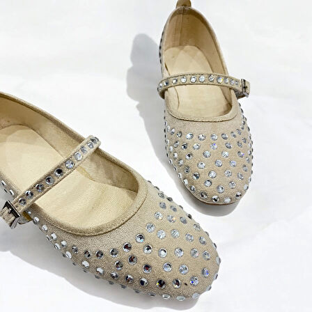 Marry Kadın Baretli Krem Şeffaf Taşlı Babet Ayakkabı