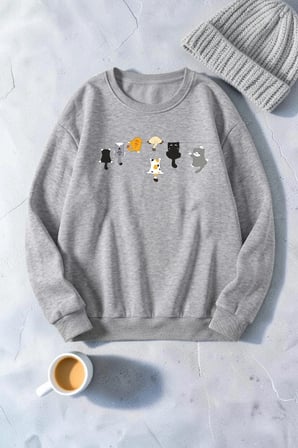 Unisex Ufak Yaramaz Kediler Baskılı Bisiklet Yaka Sweatshirt