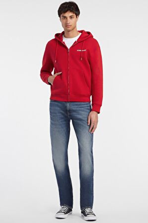 Erkek GJ ZIP Göğüs Logolu Kapüşonlu Sweatshirt - Kırmızı  | XL