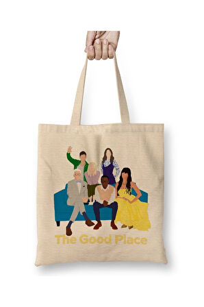 The Good Place Nice Place Beyaz Bez Çanta Uzun Saplı Alışveriş Çantası Plaj Çantası