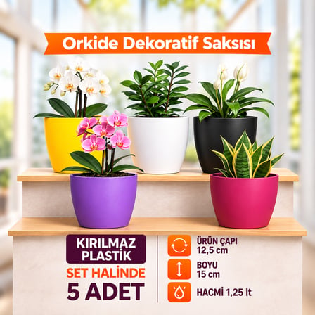 5'li Orkide Dekoratif Saksı Seti Kırılmaz Plastik 1.25 L 12.5 cm Çap 15 cm Yükseklik Renkli