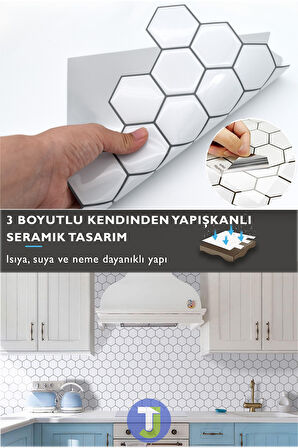 Technojet 3Boyutlu Seramik Efekt Kendinden Yapışkanlı Beyaz Karo PVC Mutfak Tezgah Kaplama 30cm×30cm