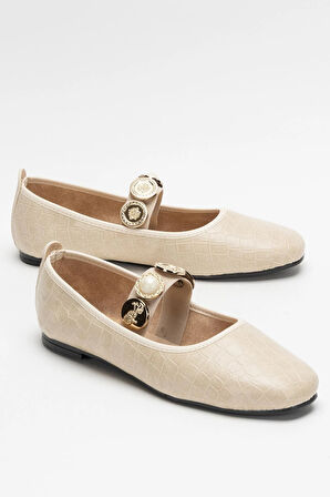 Kadın Oval Burun Aksesuar Bantlı Babet Ayakkabı  KREM