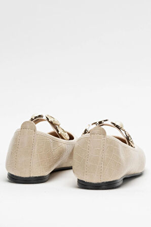 Kadın Oval Burun Aksesuar Bantlı Babet Ayakkabı  KREM