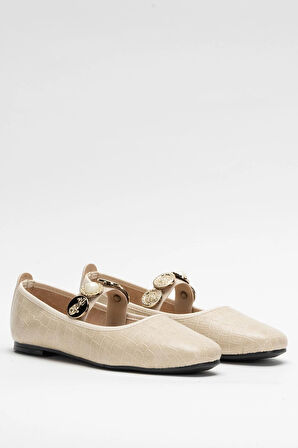 Kadın Oval Burun Aksesuar Bantlı Babet Ayakkabı  KREM