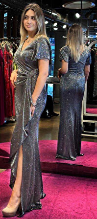 Siyah Gümüş Kısa Kollu Yırtmaçlı Düz Kesim Simli Uzun Abiye Elbise 7439