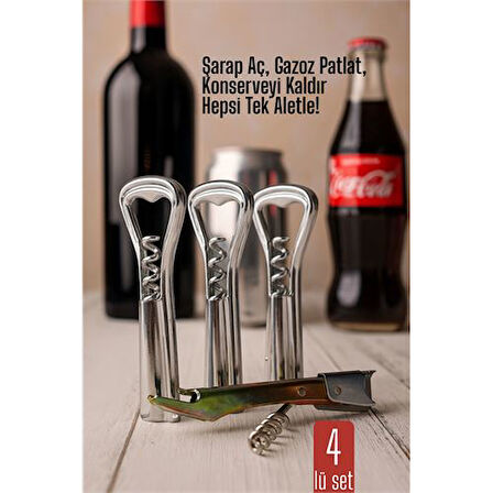Modacar 4 lü set Barmen Tipi Şişe Açacağı ve Tirbuşon Konserve Açıcı Dayanıklı ve Pratik