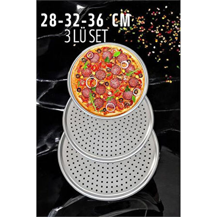  Delikli Pizza Lahmacun Tepsisi Çelik 28-32-36 CM 3 lü SET