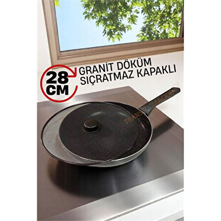 ModaCar Granit Döküm Tava Yağ Sıçratmaz Kapaklı -Yapışmaz Taban 28 Cm