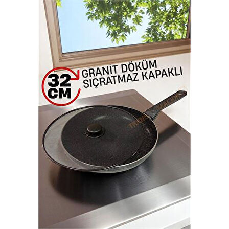 ModaCar Granit Döküm Tava Yağ Sıçratmaz Kapaklı -Yapışmaz Taban 32 Cm