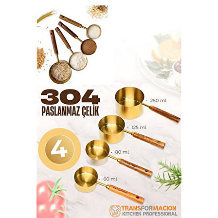 Modacar 4 lü Ölçü Kabı 304 Paslanmaz Çelik Masif Ahşap Saplı