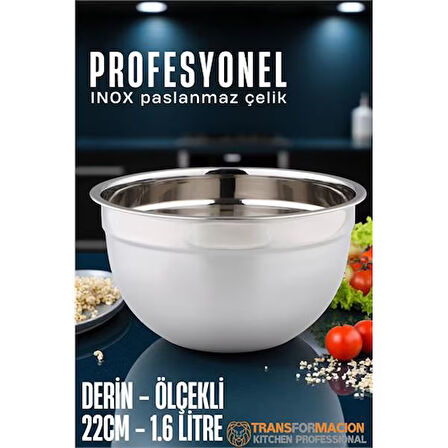 Modacar Inox Ölçekli Derin Kase  - 22 Cm 1.6 Litre Karıştırma Kabı Profesyonel 304 Paslanmaz Çelik