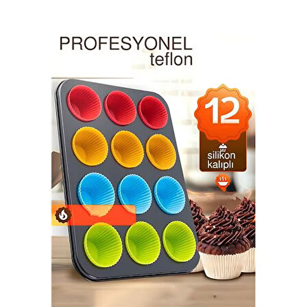 Modacar 12 li Muffin Kalıbı Teflon Çelik - 12 ADET Silikon Muffi  Kalıplı SET