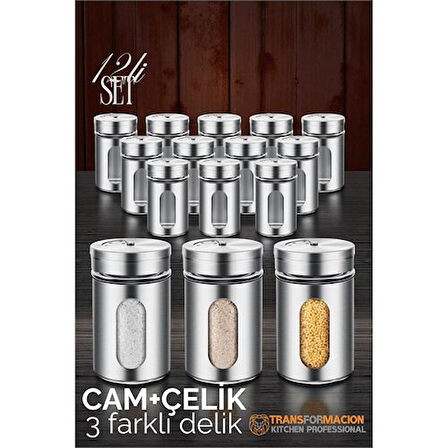 Modacar Cam+Çelik Tuzluk Biberlik Karabiberlik 3 Farklı Delikli 12 li SET