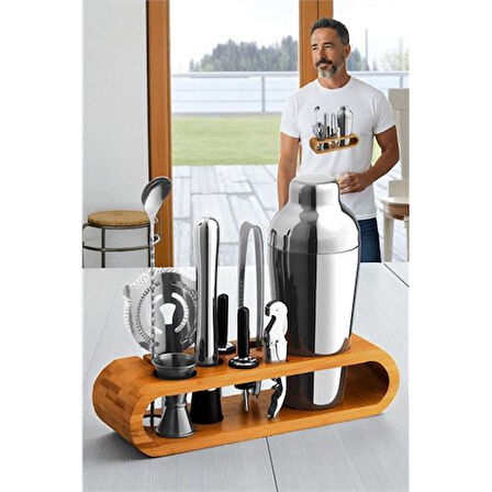 Shaker Kokteyl Set - 10 Parça 750 ML Shaker Coctail Set  Bambu Standlı