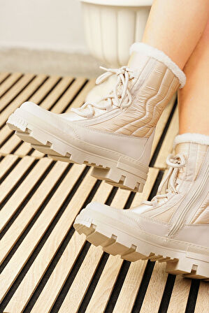 Günlük Kadın Kar Botu Kürklü Bağcıklı Fermuarlı Rahat Yüksek Kalın Tırtıklı Taban Bootie 7441