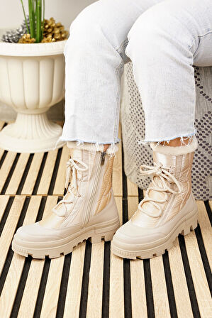 Günlük Kadın Kar Botu Kürklü Bağcıklı Fermuarlı Rahat Yüksek Kalın Tırtıklı Taban Bootie 7441