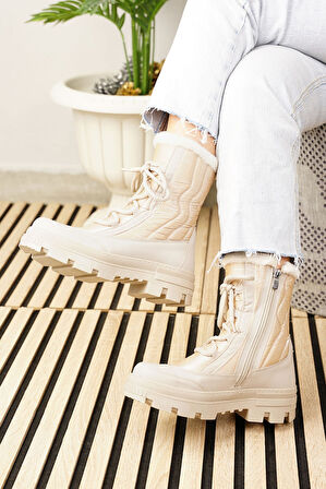 Günlük Kadın Kar Botu Kürklü Bağcıklı Fermuarlı Rahat Yüksek Kalın Tırtıklı Taban Bootie 7441