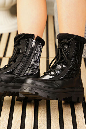 Günlük Kadın Kar Botu Kürklü Bağcıklı Fermuarlı Rahat Yüksek Kalın Tırtıklı Taban Bootie 7441