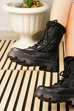 Günlük Kadın Kar Botu Kürklü Bağcıklı Fermuarlı Rahat Yüksek Kalın Tırtıklı Taban Bootie 7441