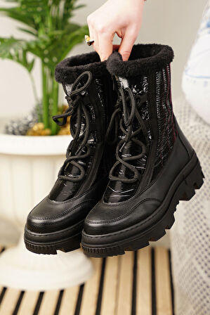 Günlük Kadın Kar Botu Kürklü Bağcıklı Fermuarlı Rahat Yüksek Kalın Tırtıklı Taban Bootie 7441