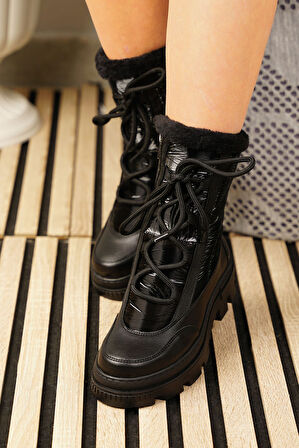 Günlük Kadın Kar Botu Kürklü Bağcıklı Fermuarlı Rahat Yüksek Kalın Tırtıklı Taban Bootie 7441