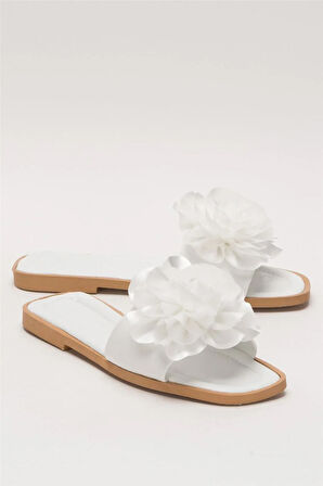 Kadın Gül Çicekli Hediyelik Bohçalık Çeyizlik Terlik BEYAZ