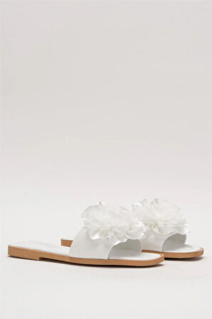 Kadın Gül Çicekli Hediyelik Bohçalık Çeyizlik Terlik BEYAZ