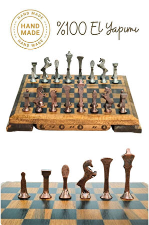 MC53 Satranç Takımı | El Yapımı Gerçek Ceviz Ağacı Satranç Tahtası | Antik Metal Satranç Taşları