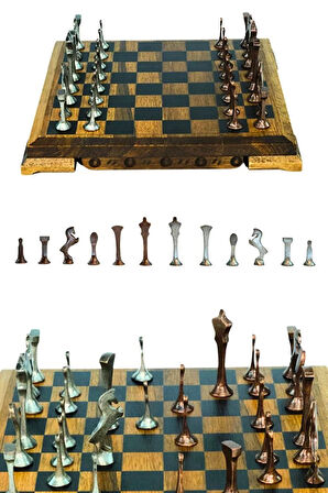 MC53 Satranç Takımı | El Yapımı Gerçek Ceviz Ağacı Satranç Tahtası | Antik Metal Satranç Taşları