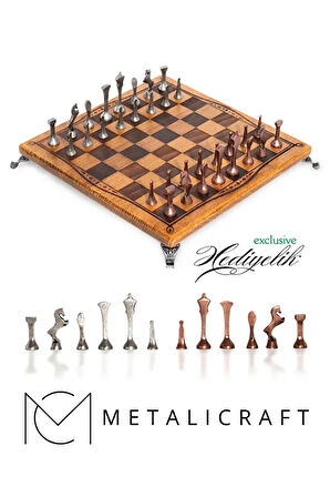 MC55 Metal Satranç Takımı | Gerçek Kayın Ağacı Satranç Tahtası - 30x30cm | Antik Taşlar