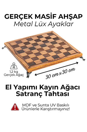 MC55 Metal Satranç Takımı | Gerçek Kayın Ağacı Satranç Tahtası - 30x30cm | Antik Taşlar