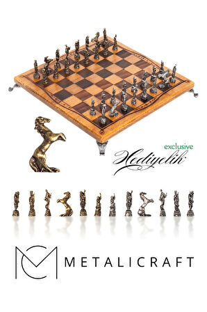 MC97 - Çin Antik Figürlü Metal Taşlar – 30x30cm Gerçek Kayın Tahtası - Hediyelik Satranç Takımı