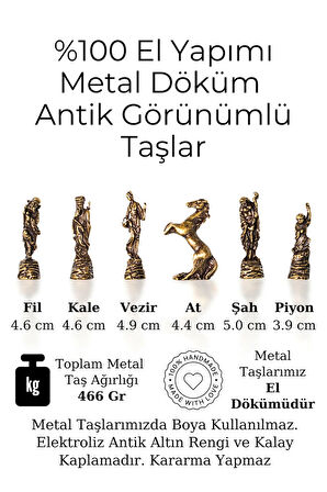 MC97 - Çin Antik Figürlü Metal Taşlar – 30x30cm Gerçek Kayın Tahtası - Hediyelik Satranç Takımı