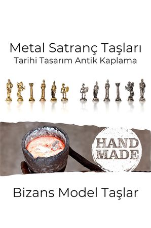 MC102 Satranç Takımı 25x25cm - Bizans Figürlü Metal Taşlar – Gerçek Ağaç Tahta – El Yapımı – Hediyelik