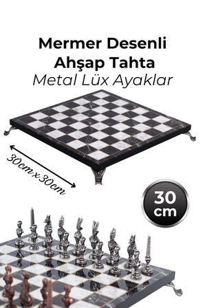 MC76 Antik Mısır Figürlü Metal Satranç Takımı - 30cm Mermer Desenli Tahta – El Yapımı Taşlar