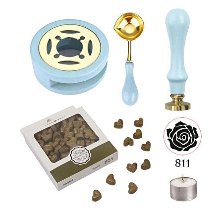 Davetiye Mum Mühürü Uygulama Seti Mavi Renk 811 Gül Desen