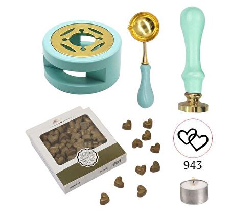 Davetiye Mum Mühürü Uygulama Seti Su Yeşili Renk 943 Çifte Kalp