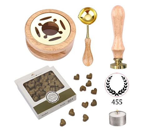 Davetiye Mum Mühürü Uygulama Seti Ahşap Rengi Renk 455 Çelenk