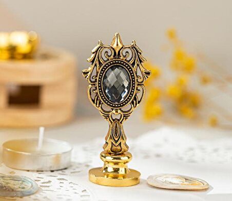 Kraliyet Füme Taşlı Döküm Metal Mum Mühürü Sapı Antik Gold 