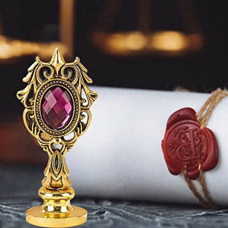 Kraliyet Bordo Taşlı Döküm Metal Mum Mühürü Sapı Antik Gold 
