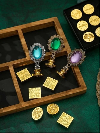 Kraliyet Yeşil Taşlı Döküm Metal Mum Mühürü Sapı Antik Gold 