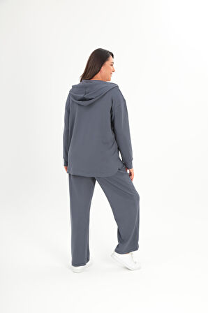 Ebsumu Kadın Büyük Beden Fermuarlı Rahat Ve Şık Tasarım Premium Kalite Pamuklu Füme Eşofman Takımı (L-XL-2XL-3XL)