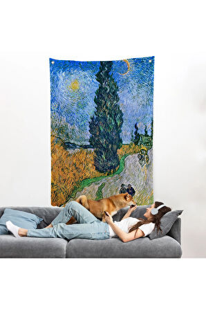 Vincent van Gogh - Selvili ve Yıldızlı Yol Duvar Örtüsü - Road with Cypress and Star-7443