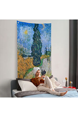 Vincent van Gogh - Selvili ve Yıldızlı Yol Duvar Örtüsü - Road with Cypress and Star-7443