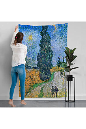 Vincent van Gogh - Selvili ve Yıldızlı Yol Duvar Örtüsü - Road with Cypress and Star-7443