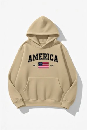 Unisex Yumuşak Dokulu America Baskılı Tasarım Oversize 3 İplik Hoodie Sweatshirt